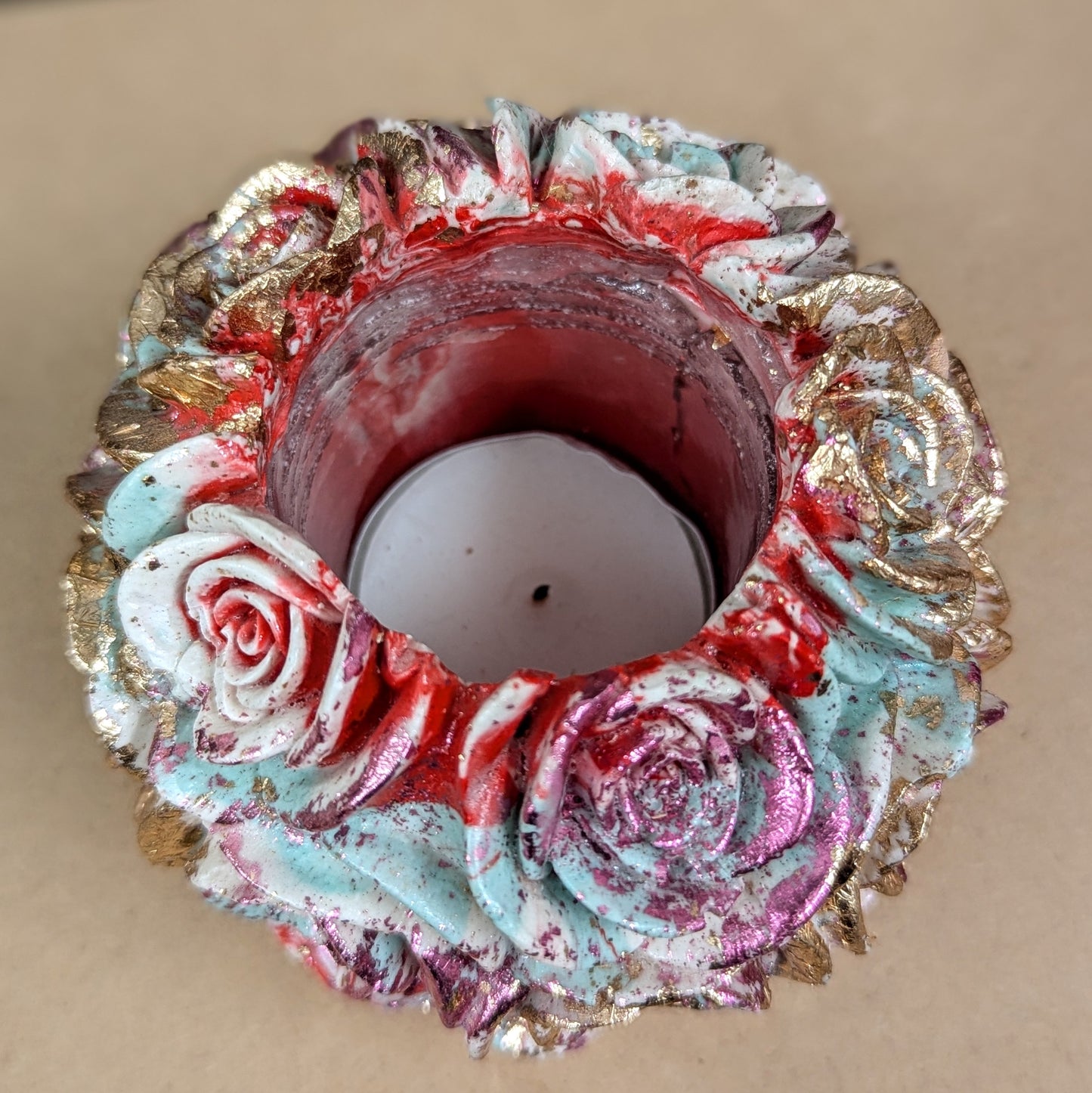 Rainbow rose jesmonite candle holder
