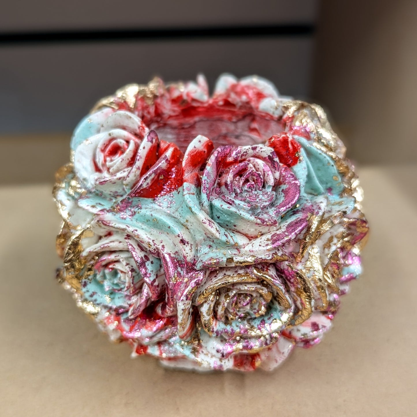 Rainbow rose jesmonite candle holder