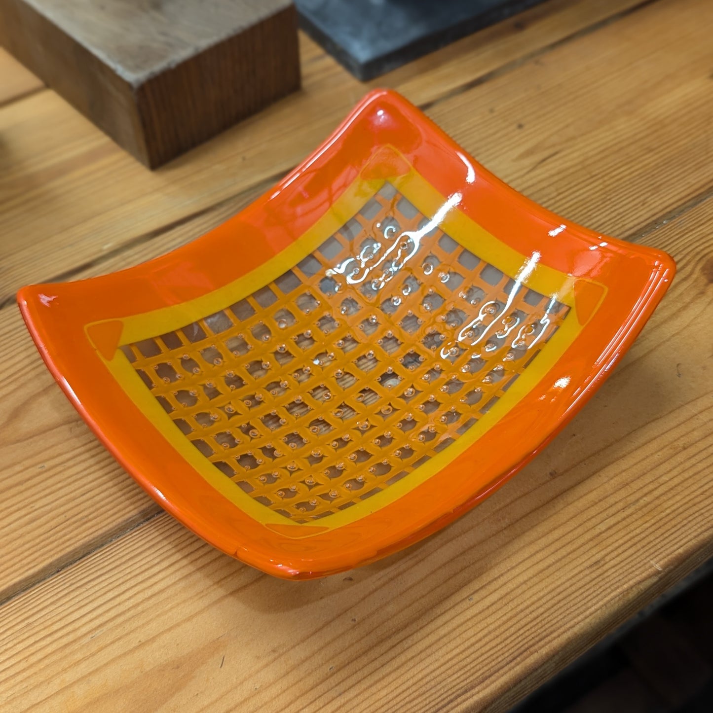 Orange cross hatch fused glass bubble bowl