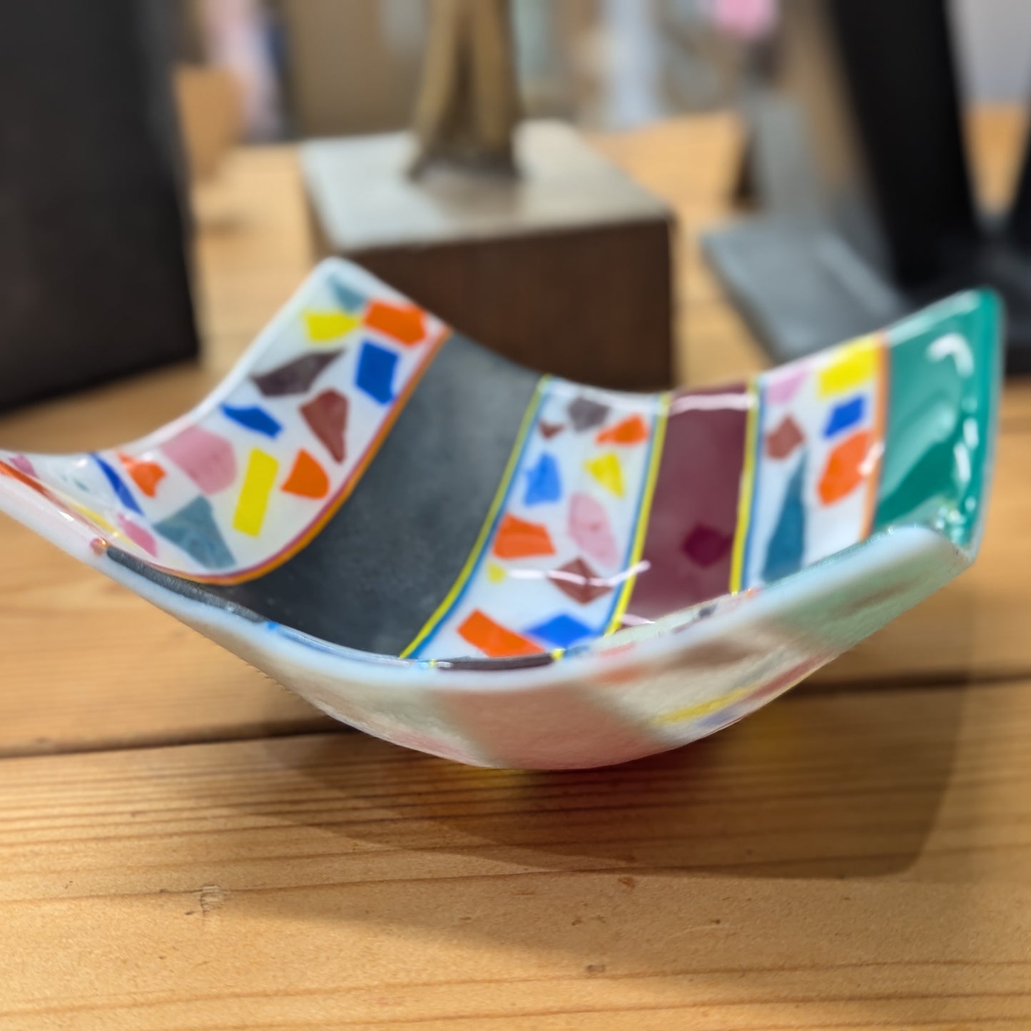 Abstract geometric deep fused glass bowl