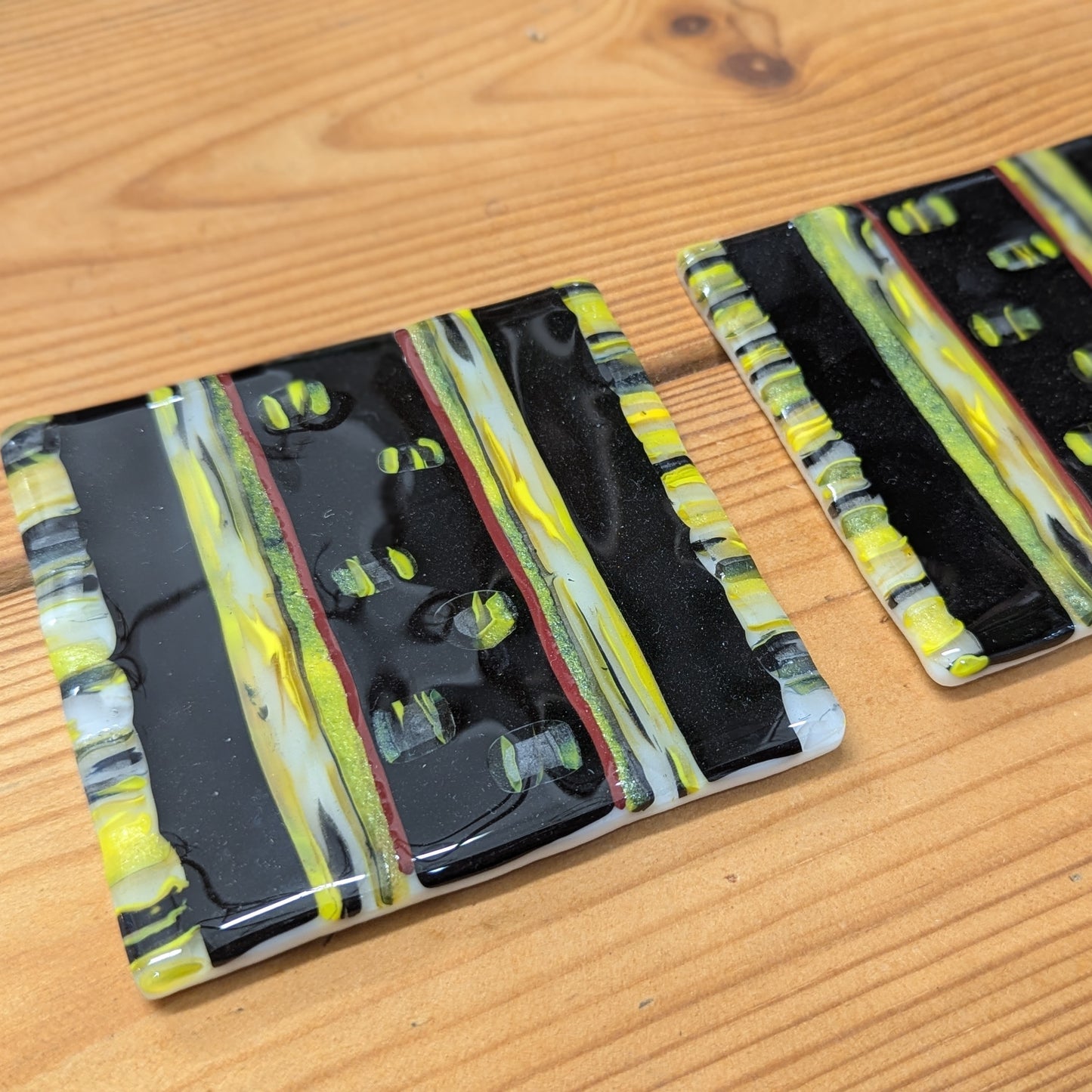 Black and yellow abstract fused glass coaster