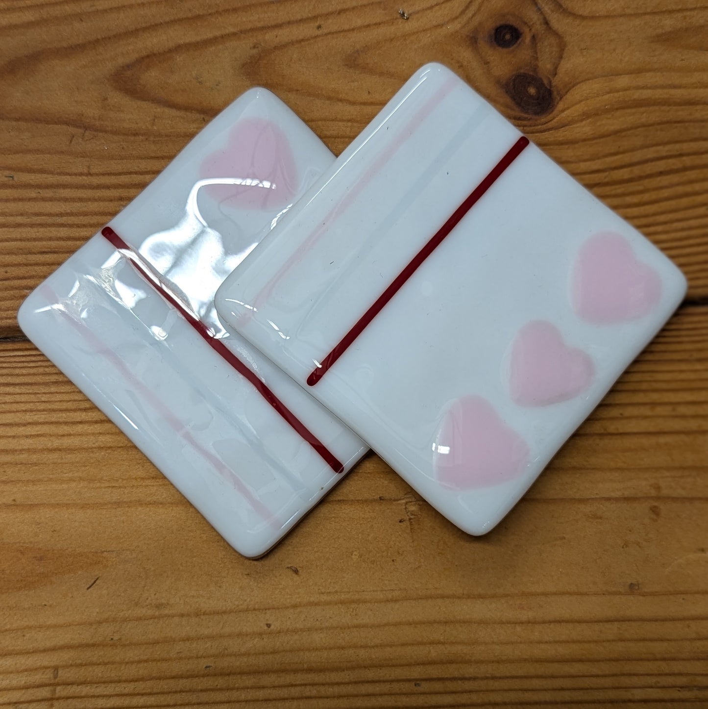 Love heart striped fused glass coaster