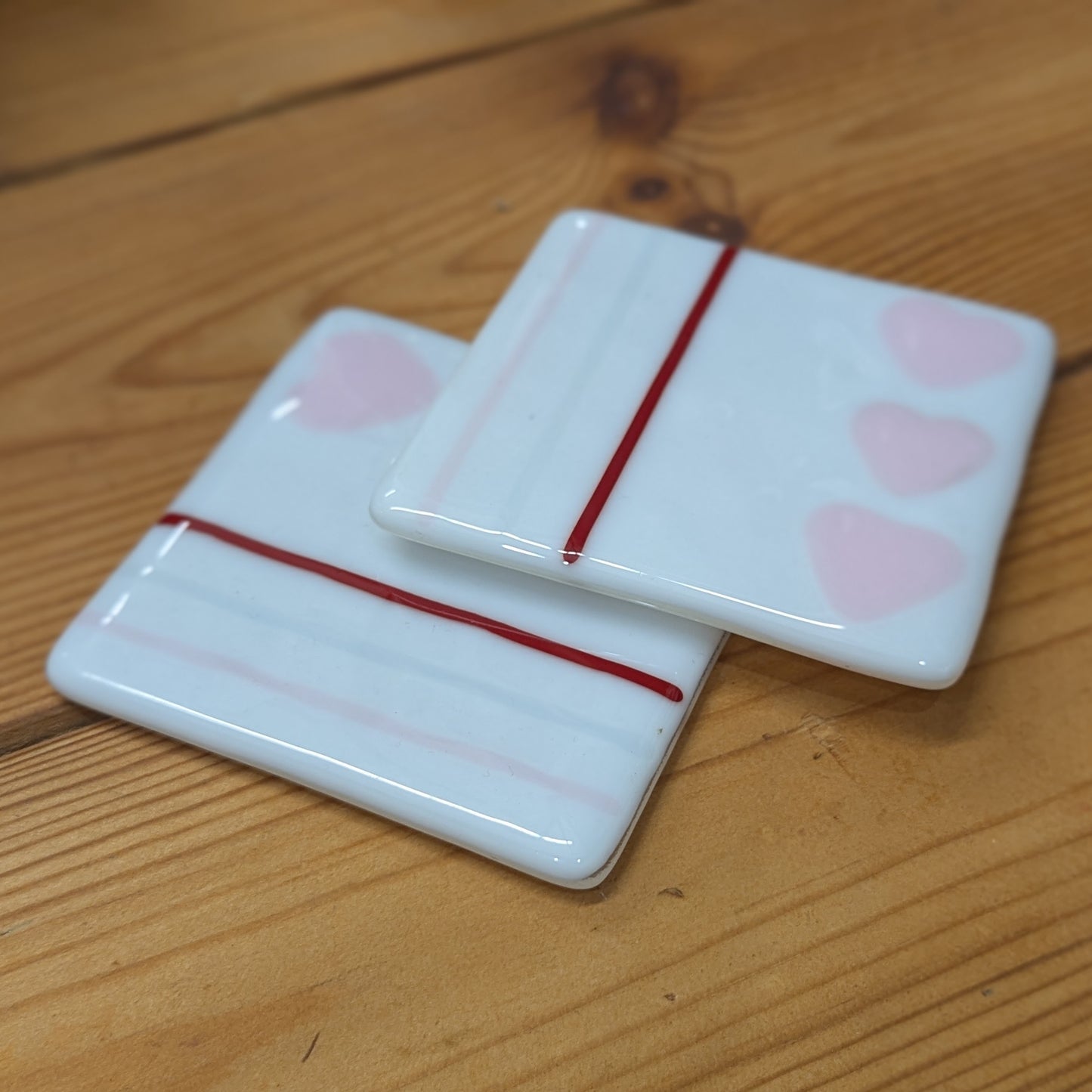 Love heart striped fused glass coaster