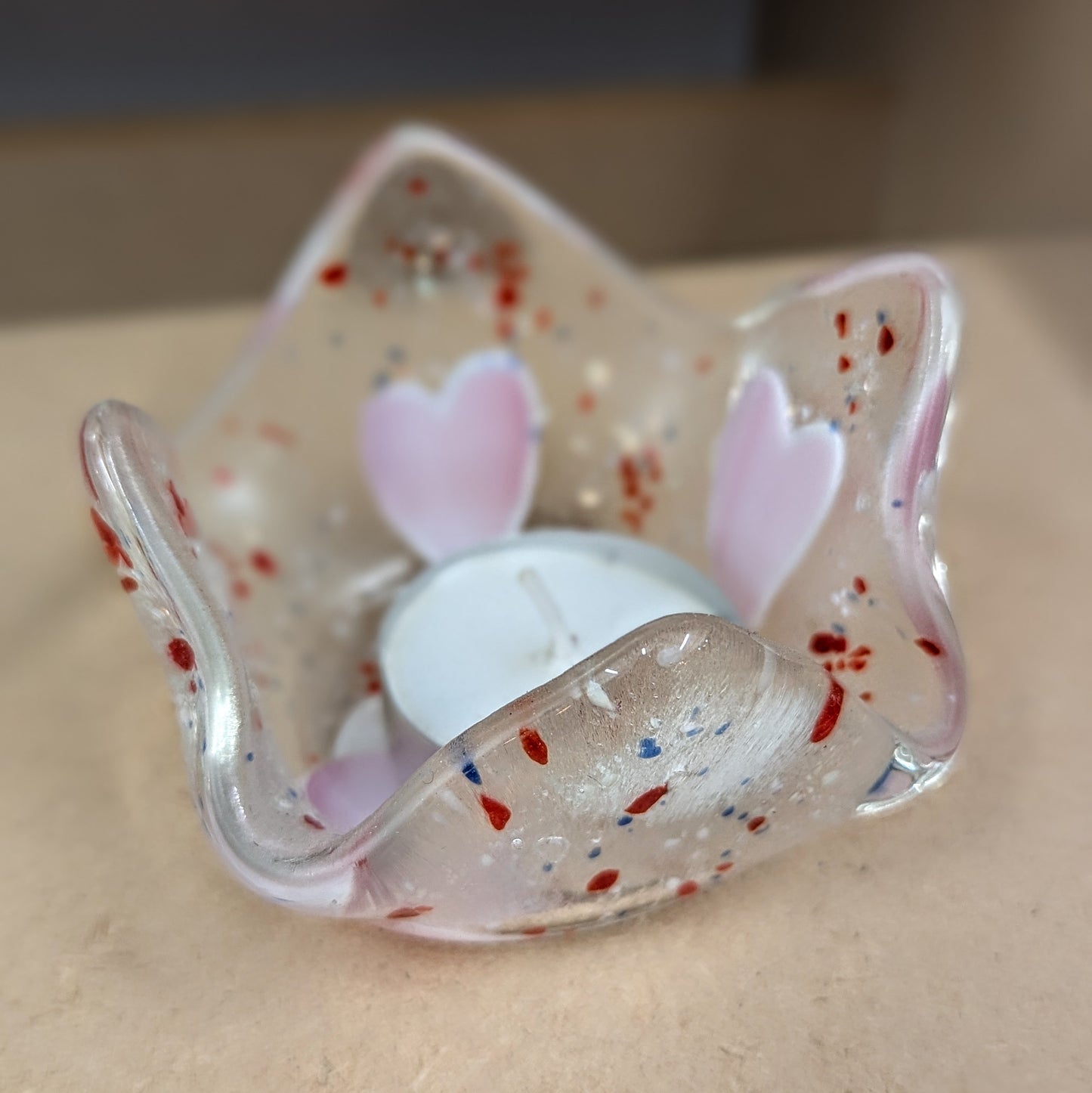 Pink heart speckled fused glass candle holder