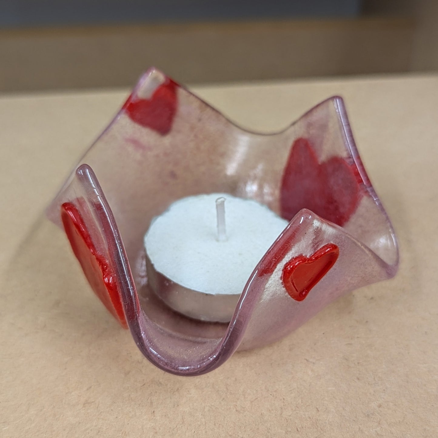 Red heart fused glass candle holder