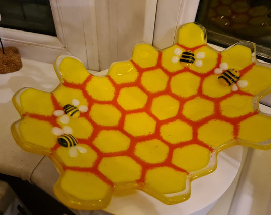 Honeycomb And Bees Fused Glass Handmade Cornish Glass Gift Dish