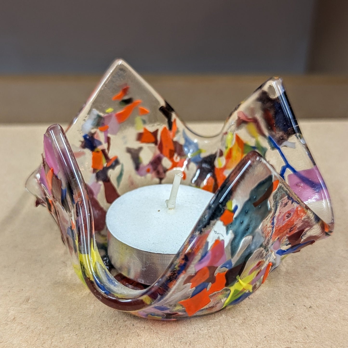 Colour splash fused glass candle holder