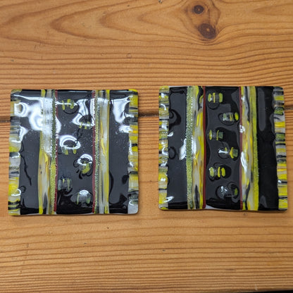 Black and yellow abstract fused glass coaster