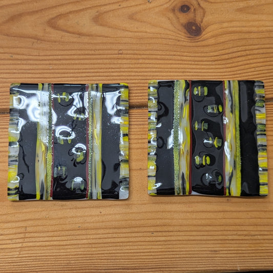 Black and yellow abstract fused glass coaster