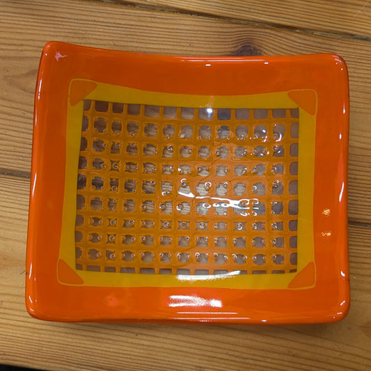 Orange cross hatch fused glass bubble bowl