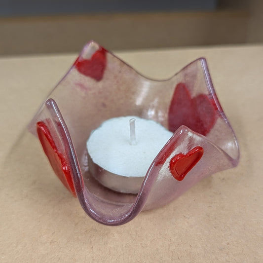 Red heart fused glass candle holder