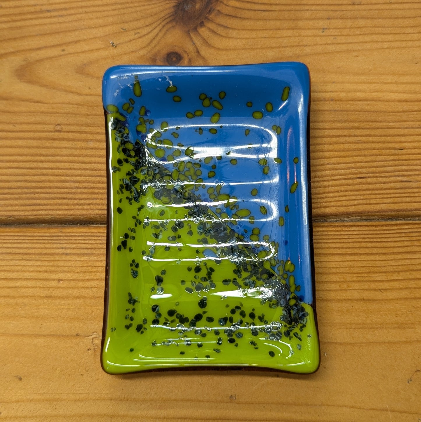 BlueGreen speckled clash fused glass soap dish