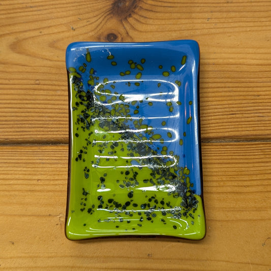 BlueGreen speckled clash fused glass soap dish